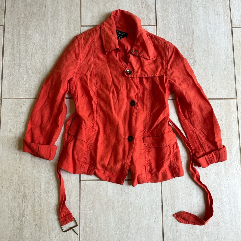 Talbots 100% Linen Belted Utility Jacket Orange Coastal Grandma Size 6